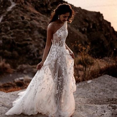 One shoulder white lace beach wedding dresses 2020-2022 - Thumbnail 2