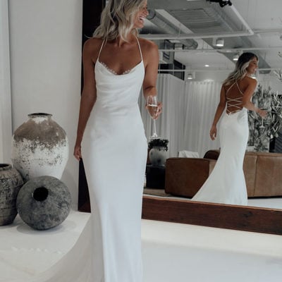 White mermaid wedding dresses,halter sain lace bridal wedding gown - Thumbnail 4