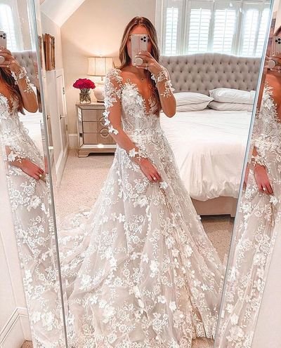 Elegant A-Line Sheer Neck Long Sleeve Lace Wedding Dresses