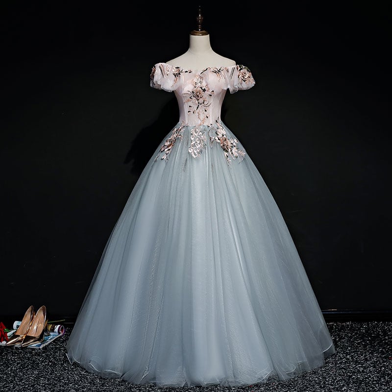 Gray tulle lace long ball gown dress formal dress