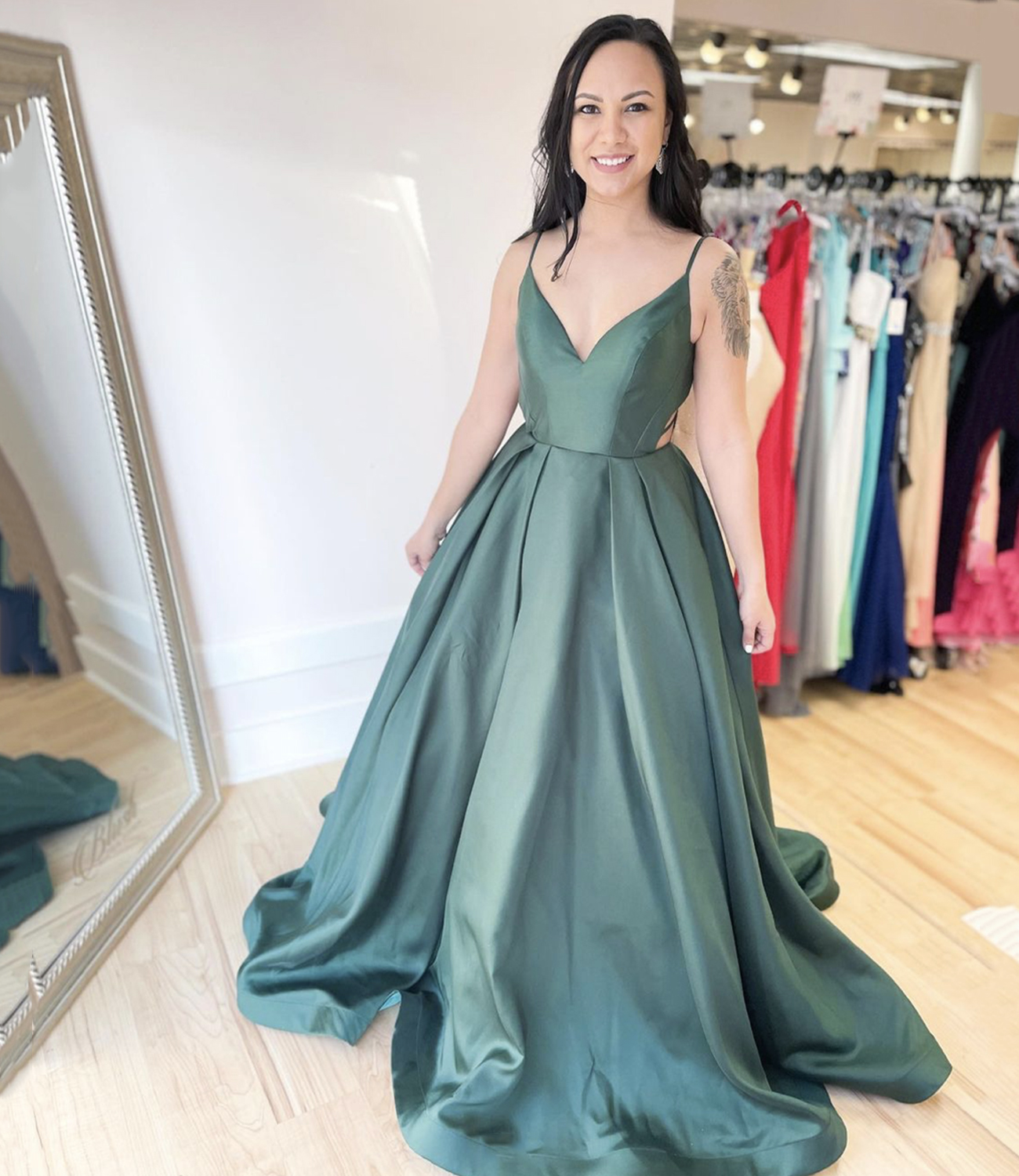 Simple v neck satin long A line prom dress evening dress