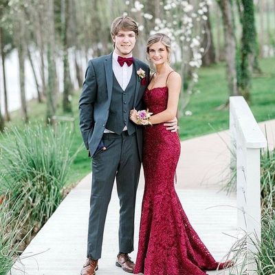 Mermaid Burgundy Lace Long Prom Dresses with Criss Cross Back