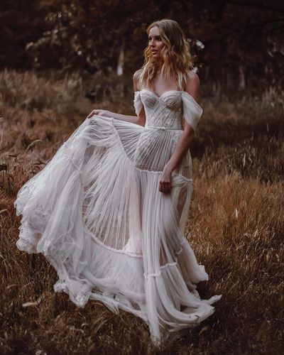 Bohemian A Line Tiered Tulle Wedding Dresses with Appliques