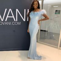 Gorgeous Mermaid Off the Shoulder Ostrich Feather Sequins Prom Dress - Thumbnail 1