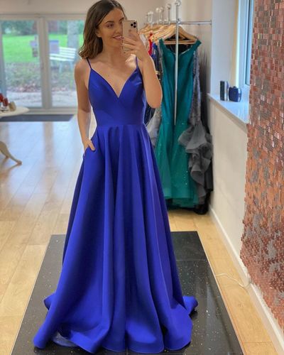 Charming A-Line V Neck Royal Blue Satin Long Prom Dresses with Pockets