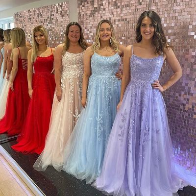 A-Line Scoop Neck Tulle Lace Prom Evening Dresses 2021