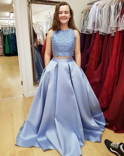 Two Piece Blue Satin Long Prom Dresses with Pockets,Evening Party Gown