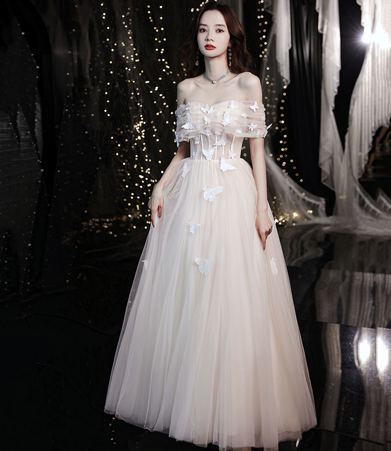 Champagne tulle long A line prom dress evening dress