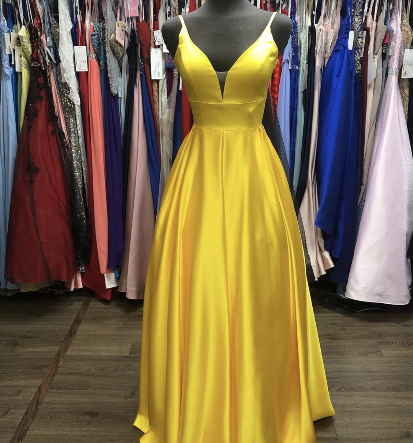 Yellow satin long A line prom dress yellow evening dress