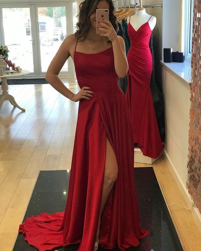 Cheap A-Line Scoop Neck Criss Cross Back Red Long Prom Dresses Under 100