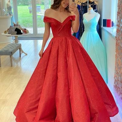 Ball gown off the shoulder red sequin long prom dresses sweet 16 gown - Thumbnail 3