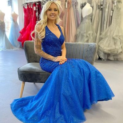 Sparkly Mermaid V Neck Royal Blue Long Prom Dresses with Beading