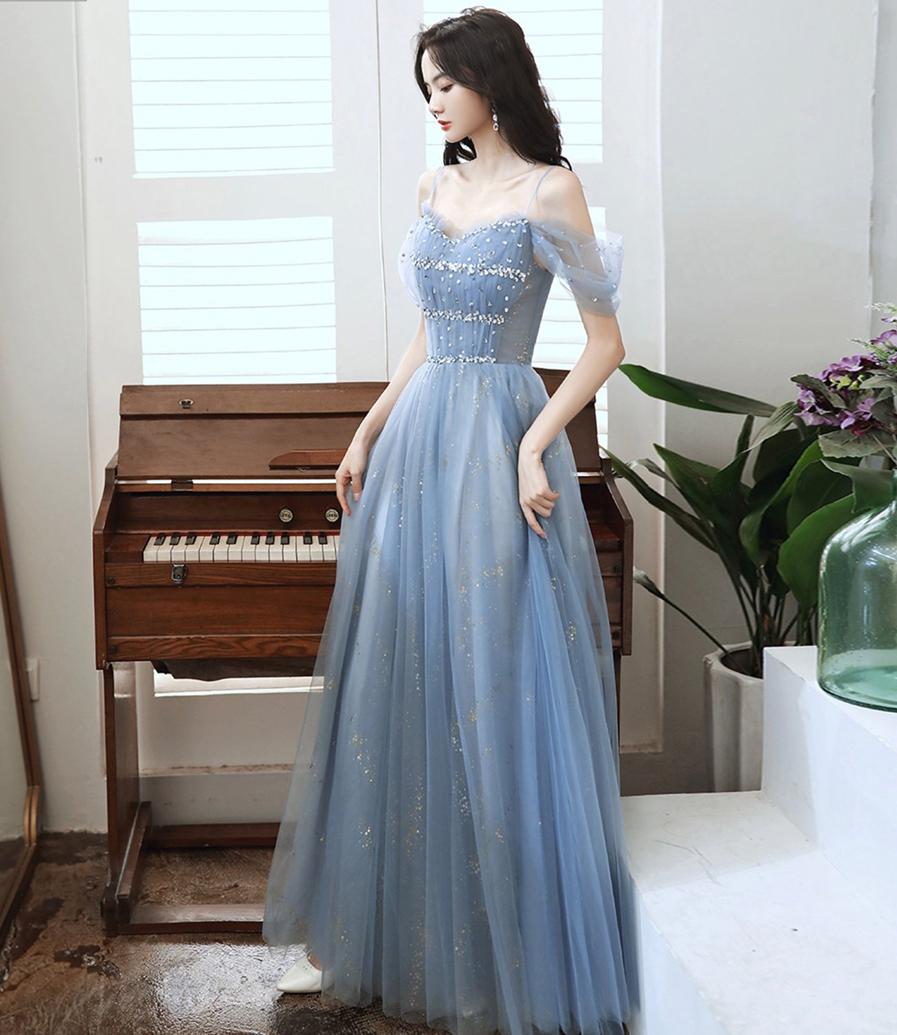 Blue tulle beads long A line prom dress evening dress