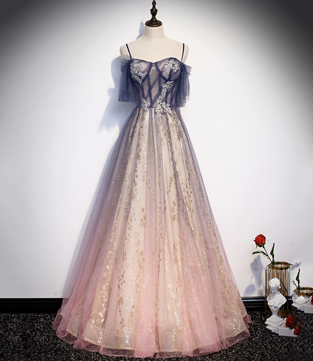 Cute tulle long A line prom dress evening dress