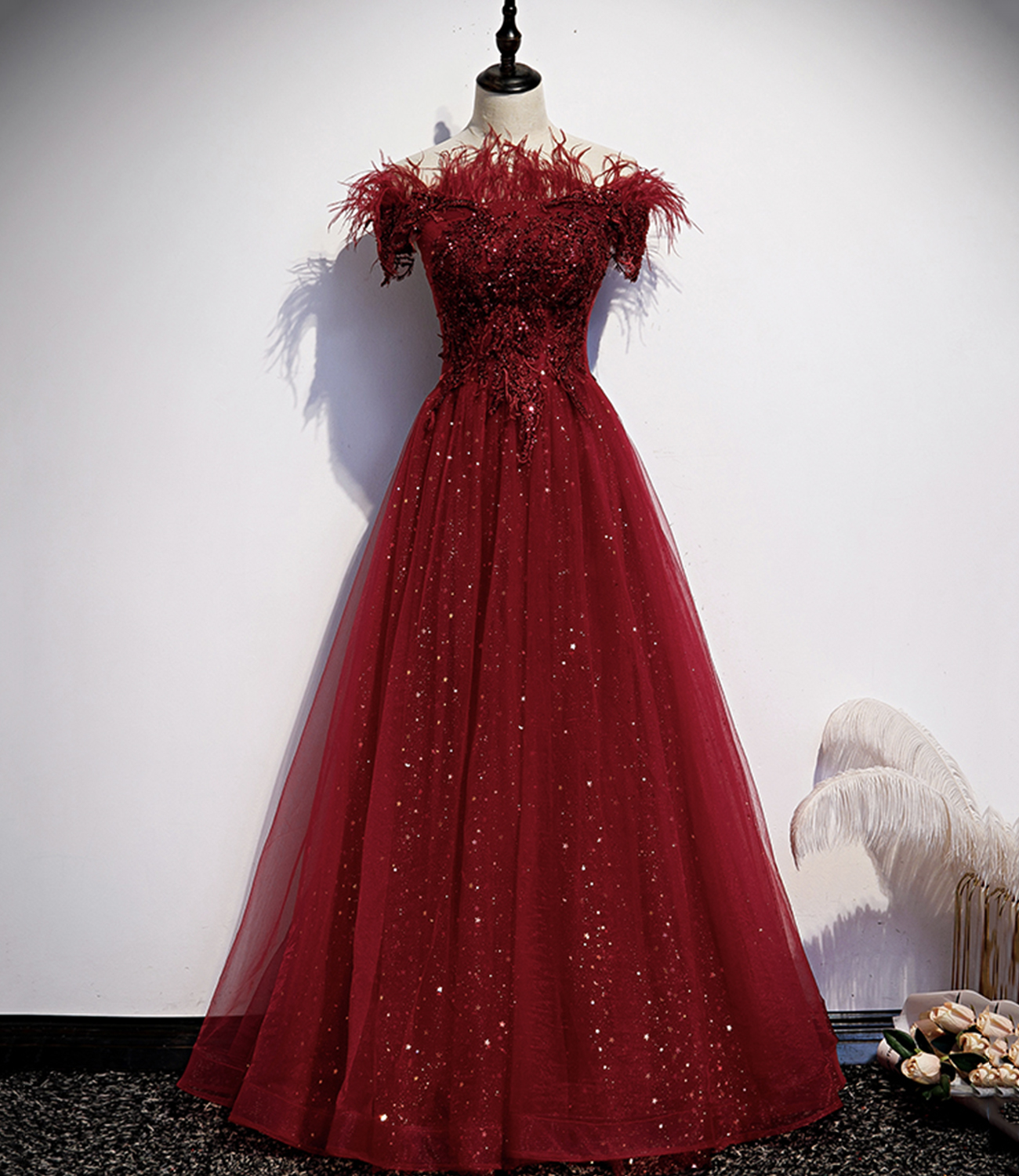 Burgundy tulle sequins long A line prom dress evening dress