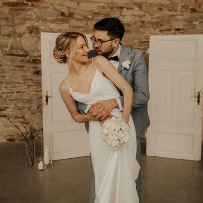 Simple v neck white soft satin wedding dresses - Thumbnail 3