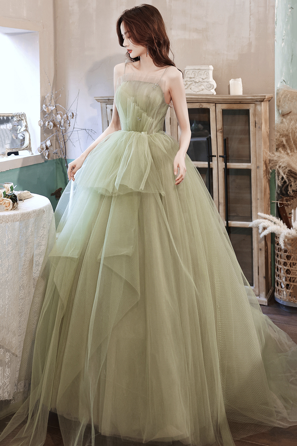 Green tulle long A line prom dress evening dress