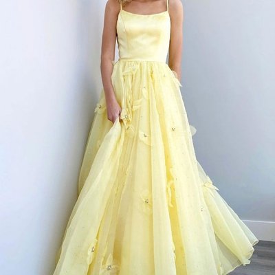 Princess a-line scoop neck yellow prom dresses with handmade flowers - Thumbnail 3