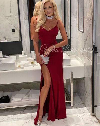 Sexy Mermaid V Neck Dark Red Long Prom Dresses with Side Slit