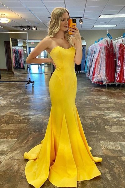 Chic Mermaid Sweetheart Yellow Satin Long Prom Dresses Evening Party Dresses 2021