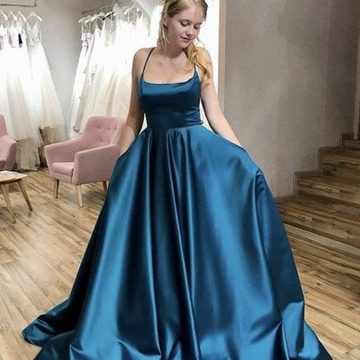 Simple a line spaghetti straps blue satin long prom dresses with criss cross back - Thumbnail 2