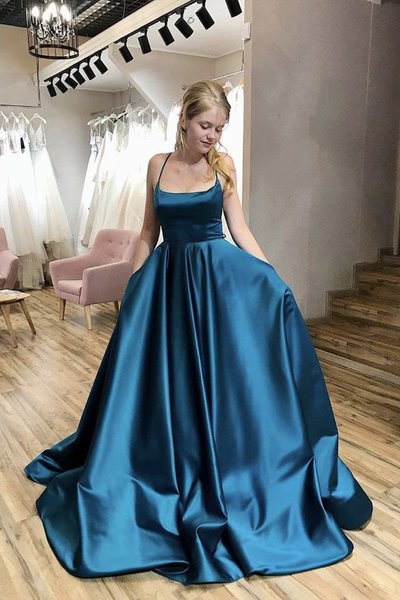 Simple A Line Spaghetti Straps Blue Satin Long Prom Dresses with Criss Cross Back