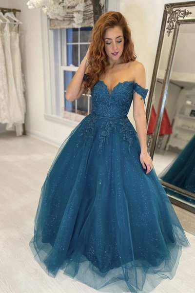 Gorgeous A Line Off the Shoulder Navy Long Prom Dresses with Appilques