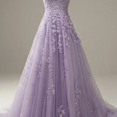 Charming a-line scoop neck lilac tulle long prom dresses with appliques - Thumbnail 2