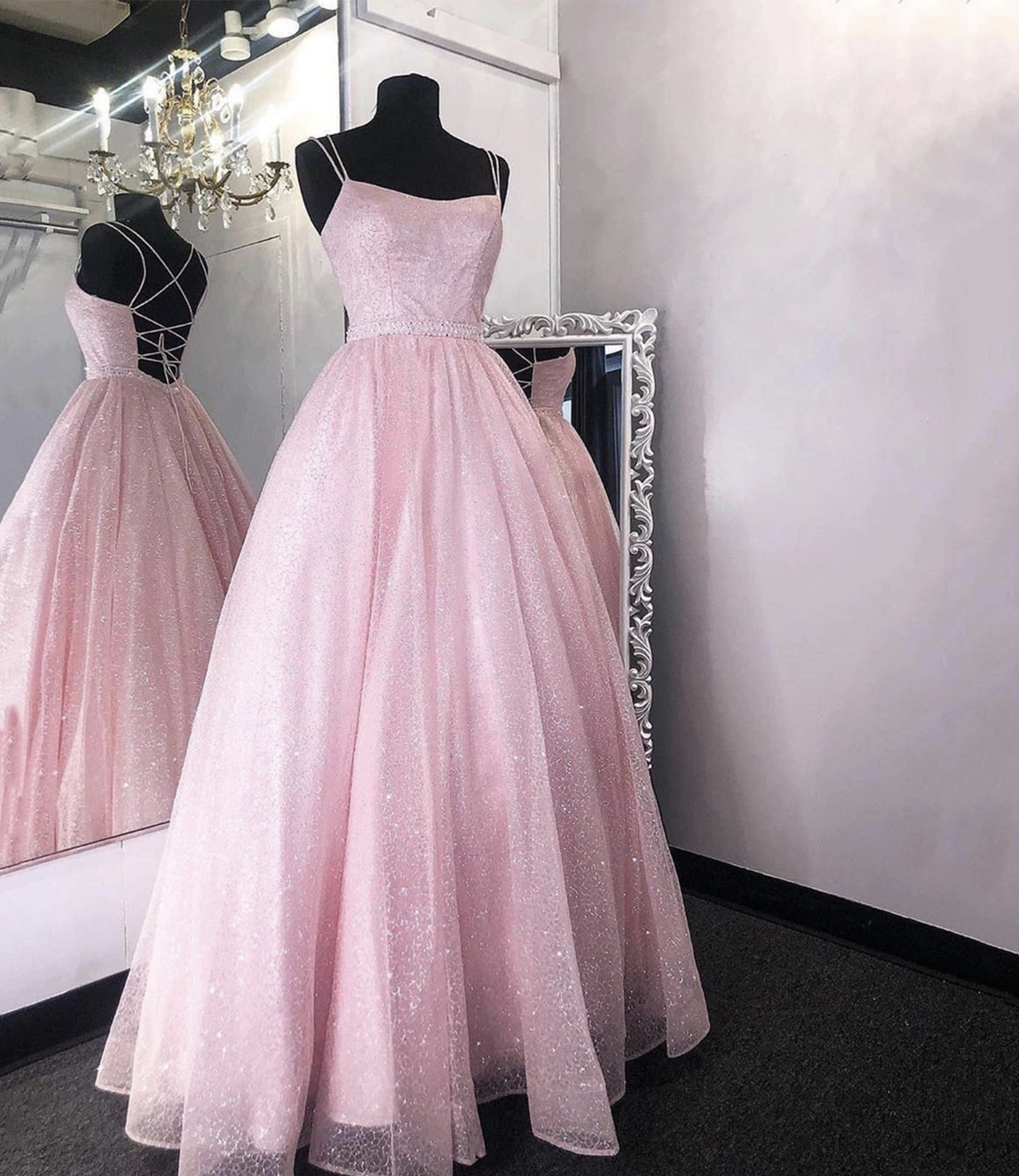Pink tulle sequins long A line prom dress evening dress