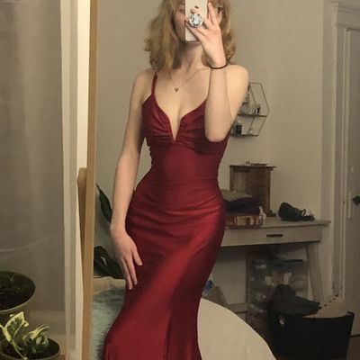 Mermaid v neck cross back burgundy satin long prom dresses - Thumbnail 5