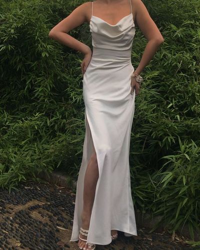 Simple Sheath Cowl Neck White Silk Satin Long Prom Evening Dresses with Slit