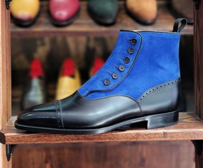 Classic Handmade Black Blue Cap Toe Leather Suede Button Boot