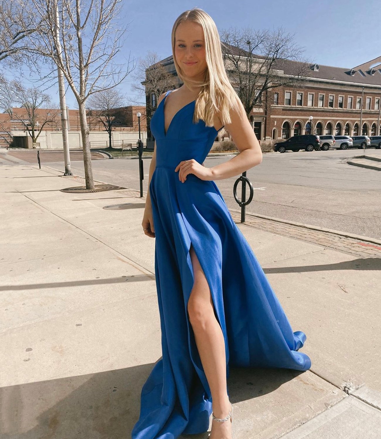 Blue satin long A line prom dress simple evening dress