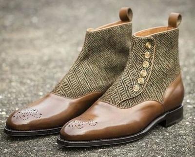 New Handmade Brown Leather Suede Brogue Button Boot
