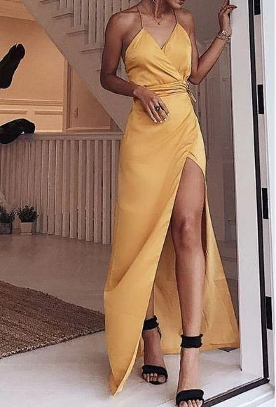 Spaghetti Straps Yellow Long Prom Dresses ,Sexy V Neck Prom Dress with Side Split,456
