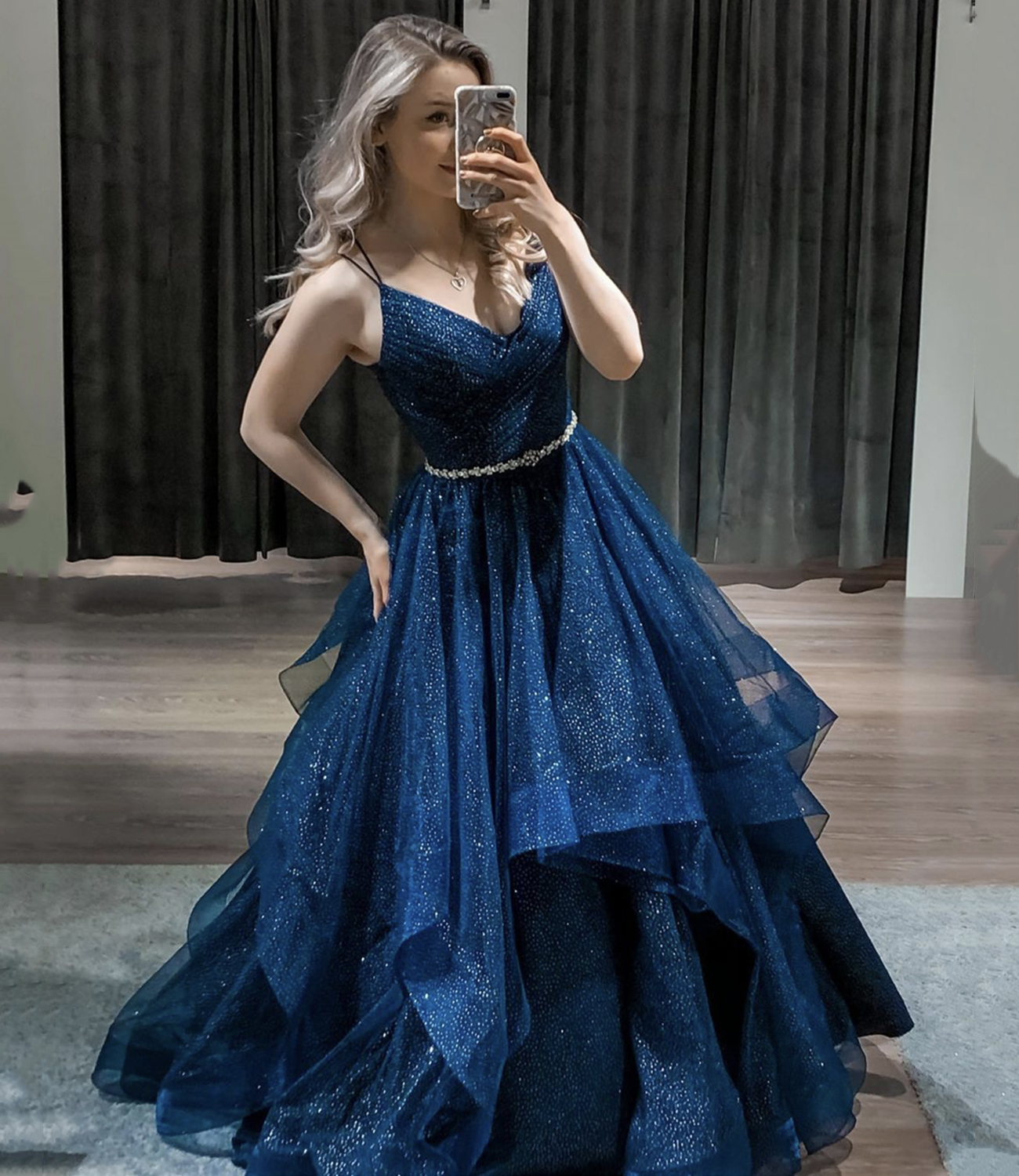 Blue v neck tulle long A line prom dress blue evening dress