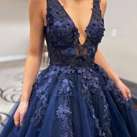 Gorgeous Ball Gown V Neck Dark Navy Prom Dress with 3D Appliques - Thumbnail 1