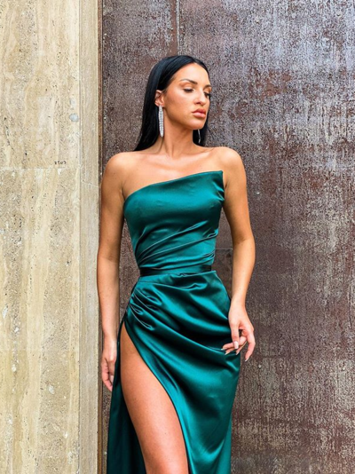 Sexy Dark Green Mermaid Long Satin Prom Dresses, Split Evening Dresses