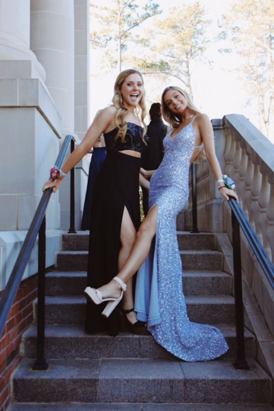 V Neck Sparkly Mermaid Blue Sequins Prom Dress, Slit Party Dresses