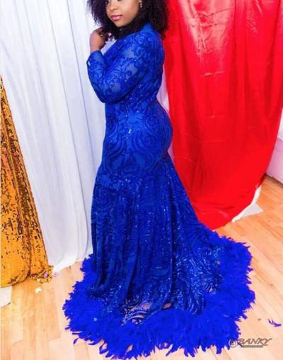 2021 Red Plus Size Long Sleeve Mermaid African Prom Dresses with Feathers Train High Neck Elegant Black Girls Evening Gala Gowns,458