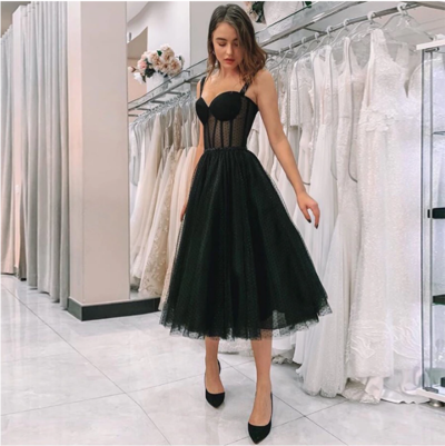 New Arrival Illusion Black Prom Dress Spaghetti Strap Polka Dot Tulle Tea Length Formal Party Gowns Short Vestido De Festa 2021,459
