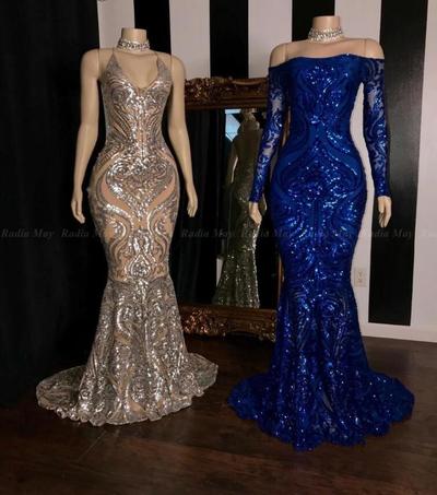 Sparkly Sequined Silver Mermaid African Prom Dresses 2021 Royal Blue Long Sleeve Graduation Formal Dress Plus Size Evening Gowns,460