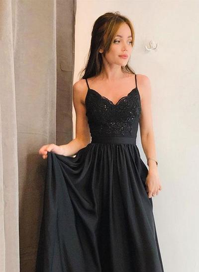 Beautiful A-Line Spaghetti Straps Black Satin Long Prom/Evening Dress with Split,461