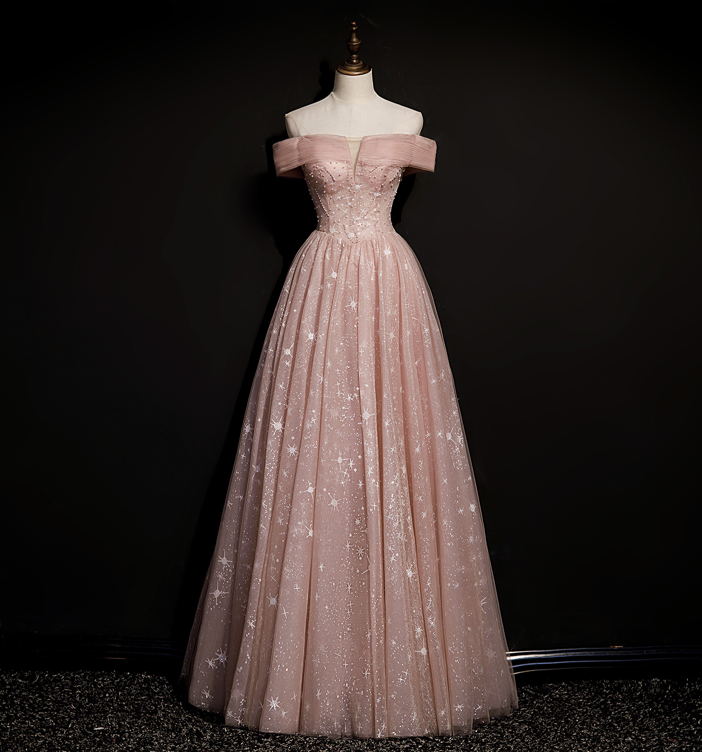 Pink tulle long A line prom dress pink evening dress