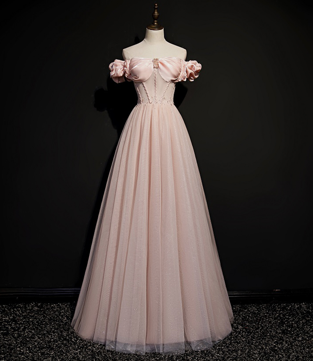 Pink tulle long A line prom dress pink evening dress