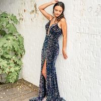 Gorgeous Mermaid V Neck Velvet Sequins Prom Dress with Slit - Thumbnail 1