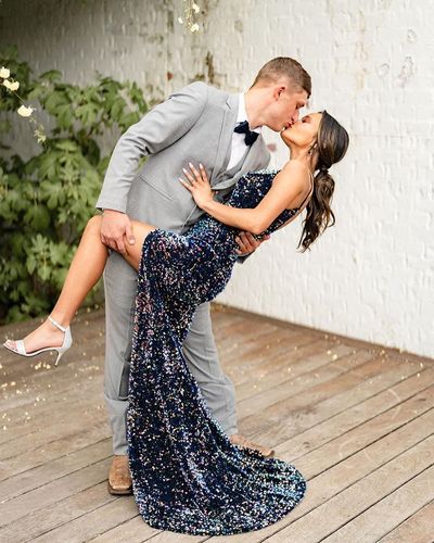 Gorgeous Mermaid V Neck Velvet Sequins Prom Dress with Slit