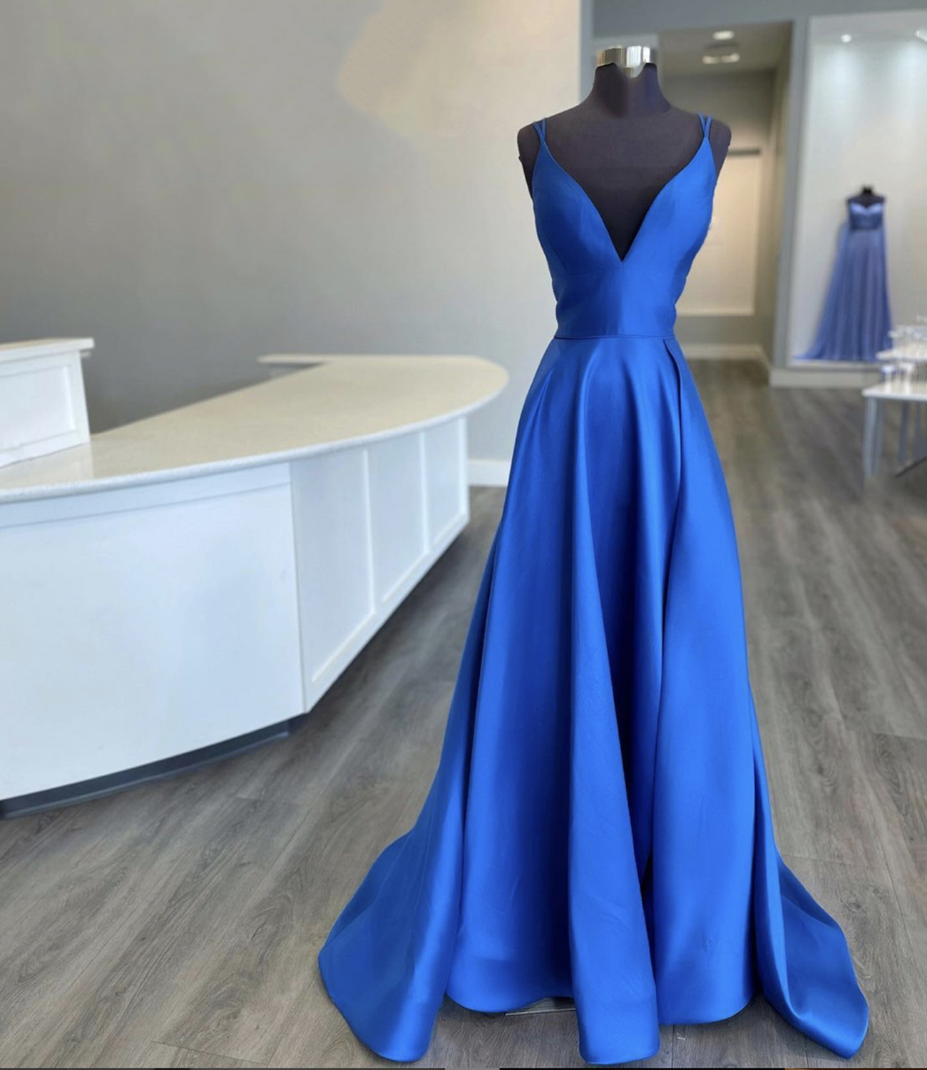Blue satin long A line prom dress blue evening dress