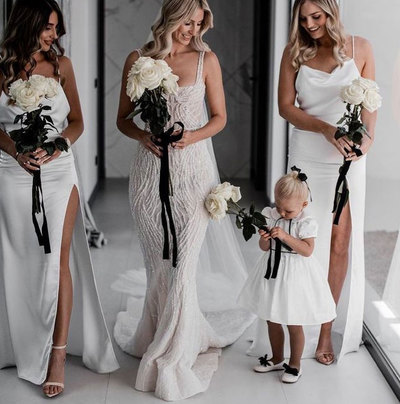 Spaghetti Straps Silk Bridesmaid Dresses Slit