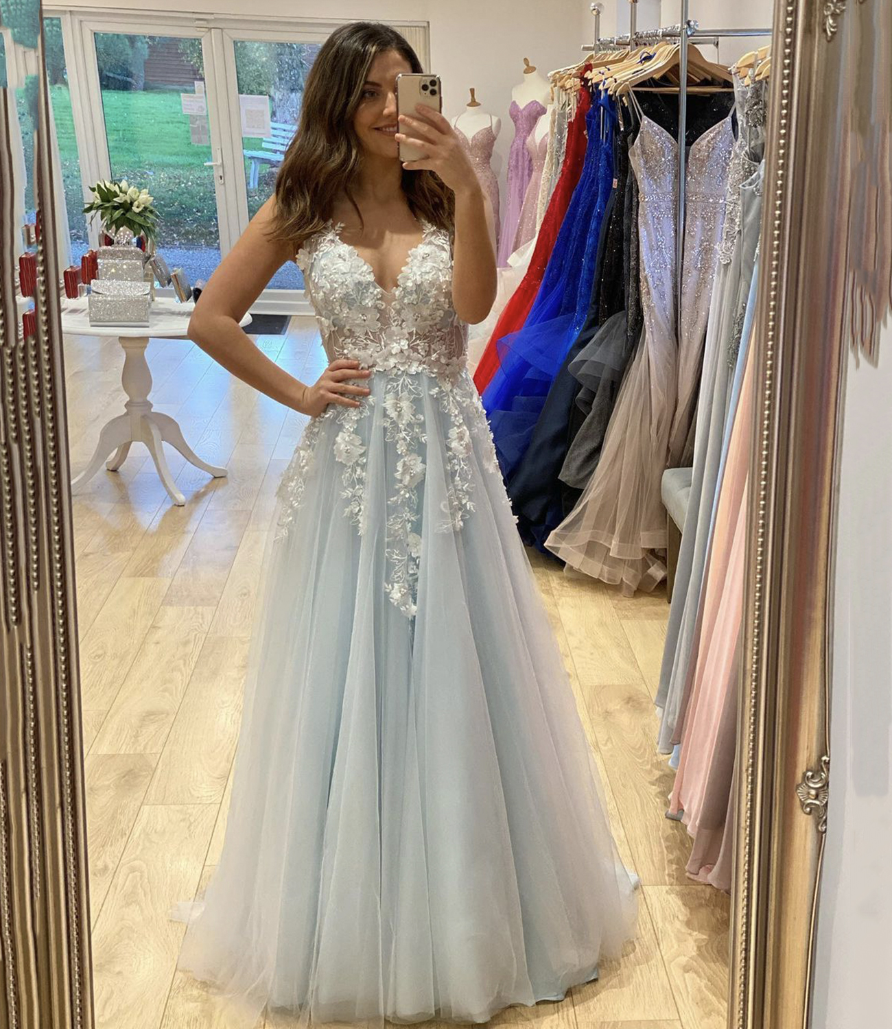 Blue tulle lace long A line prom dress blue evening dress